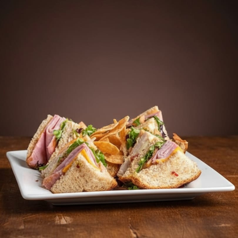 Club sandwiches with ham, cheese, and lettuce, served with potato chips on a white plate.