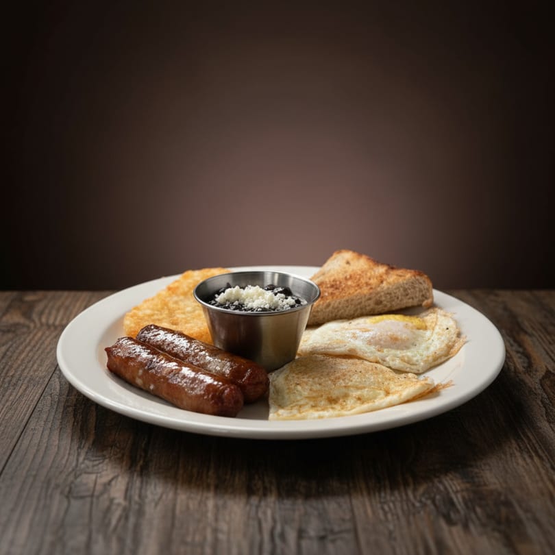 Mama's Bistro Cafe breakfast plate with sausages, hash browns, black beans, fried eggs, and toast.
