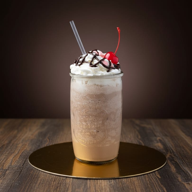 A chocolate milkshake in a mason jar with whipped cream, chocolate drizzle, a cherry, and a straw.